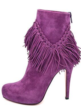 Christian Louboutin ROM 120 Suede Fringe Platform Ankle Bootie Boots Heels